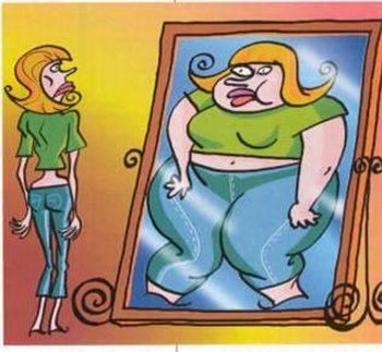 Mulher magra que no espelho e gorda