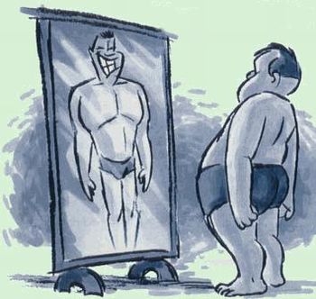 Homem gordo e no espelho e magro