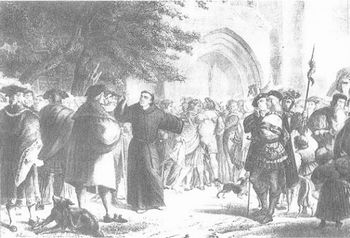 Gravura que representa Martinho Lutero no momento em que este afixa as 95 Teses. 